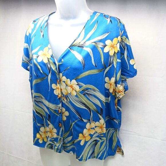 Paradise Found Authentic Hawaiian Floral Rayon Camp Shirt. Blue. VNTG Women's XL - Picture 2 of 11